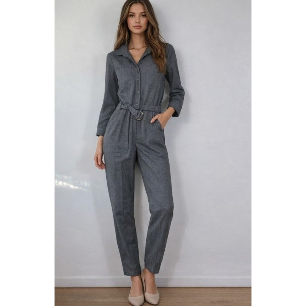 ZARA Woman Jumpsuit Gray Belted Long Sleeve S Sophisticated,